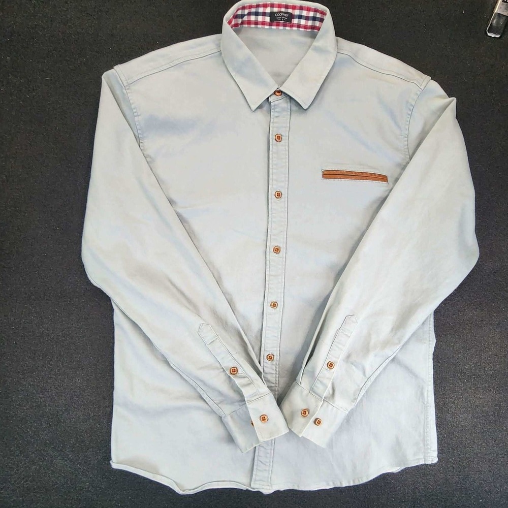 Coofandy Button Down Shirt Mens L Blue Grey Faux Leather Trim Long Sleeve Casual